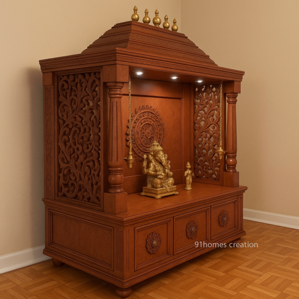 Teak wood Hindu pooja mandap with brass bells, ornate dome, and Ganesha idol setup on a parquet floor.
