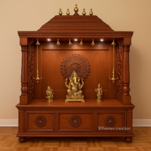 Mandir with Dome and Jaali Panels with warm brown matte finish and carved floral side panels.