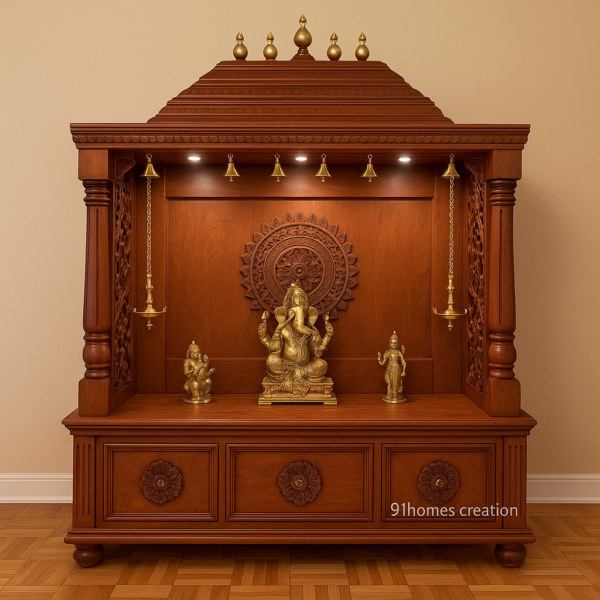Mandir with Dome and Jaali Panels with warm brown matte finish and carved floral side panels.