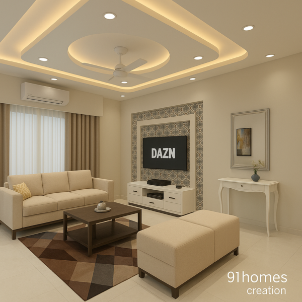 Contemporary living room design featuring neutral color palette, designer sofa set, and geometric rug
