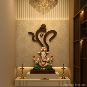 Compact mandir, pooja unit with beige wallpaper, brass lamps, and CNC Om wall art. Perfect mandir design for elegant, space-saving interiors.