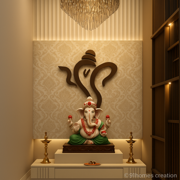 Compact mandir, pooja unit with beige wallpaper, brass lamps, and CNC Om wall art. Perfect mandir design for elegant, space-saving interiors.