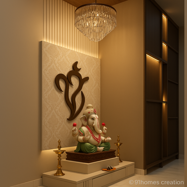 Side angle of compact wooden mandir with chandelier and marble-finish flooring
