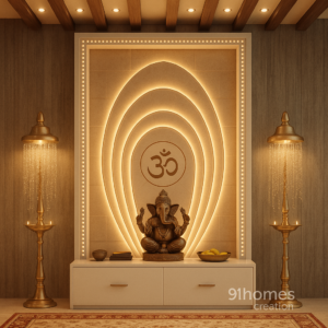 Elegant wooden mandir with LED concentric arch, Om symbol, and brass Ganesha idol.