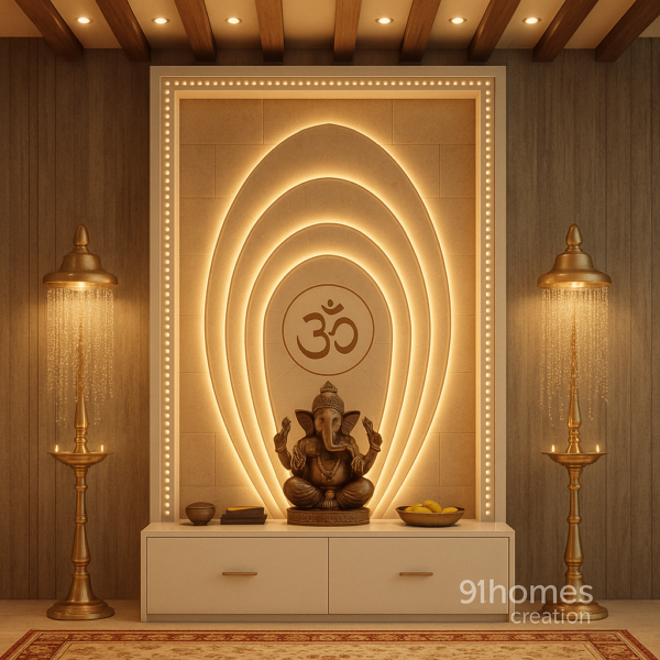 Elegant wooden mandir with LED concentric arch, Om symbol, and brass Ganesha idol.