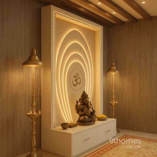 Side view of modern pooja unit in teak finish with warm lighting and decorative brass lamps.