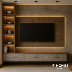 Wall-mounted Dual-Finish Media Unit featuring ambient backlit shelves.
