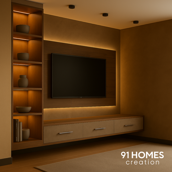 Contemporary Dual-Finish Media Unit with floating drawers and texture contrast.
