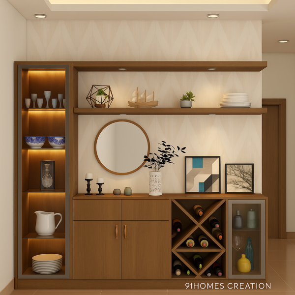 Side Angle Oak Brown Crockery Unit with Wine Rack & LED
