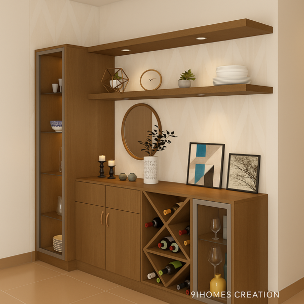 L-shaped oak brown modular bar and crockery cabinet with LED lighting and open shelves.