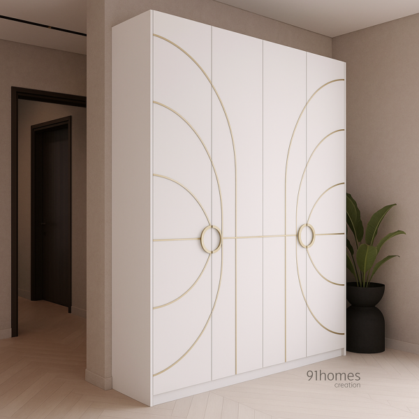 Modern geometric wardrobe design with art deco curves in golden accent