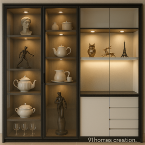 Dark Wood Glass Crockery Unit with LED Shelf Lighting