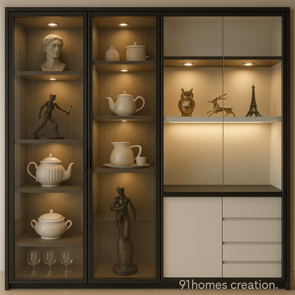 Dark Wood Glass Crockery Unit with LED Shelf Lighting