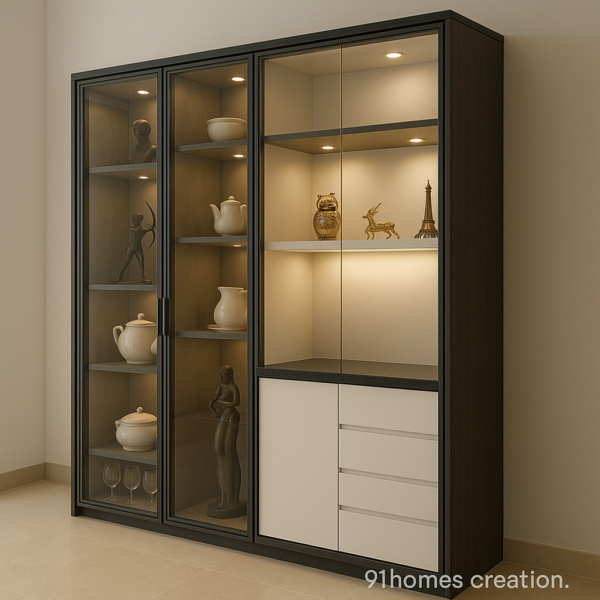 Dark wood crockery cabinet with matte white drawers, glass shelves, and decorative lighting.