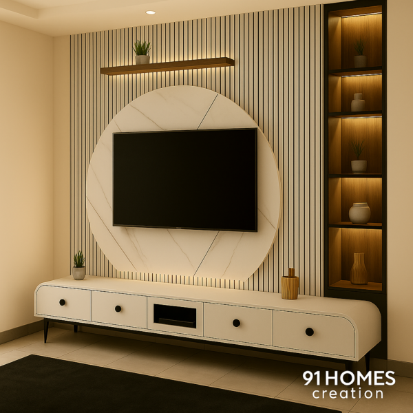 Wall-mounted Infinity Edge TV Console featuring matte white drawers.