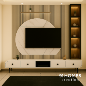 Infinity Edge TV Console with curved marble backdrop and fluted panel.