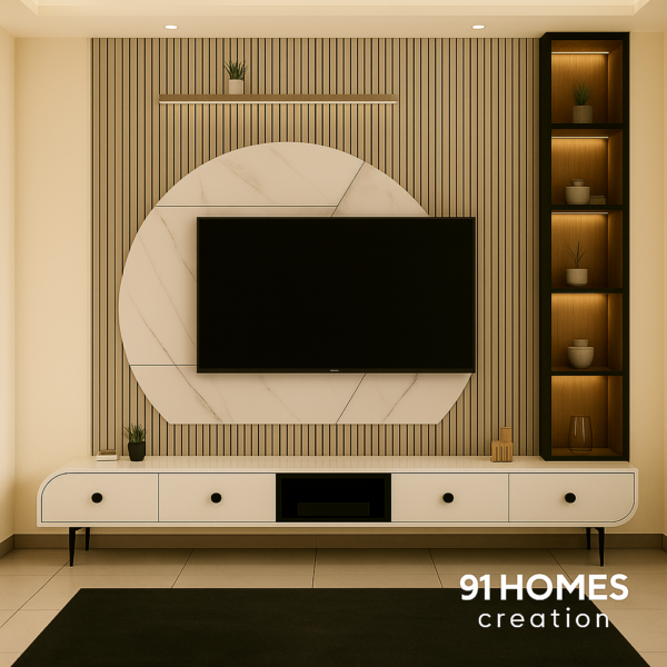 Infinity Edge TV Console with curved marble backdrop and fluted panel.