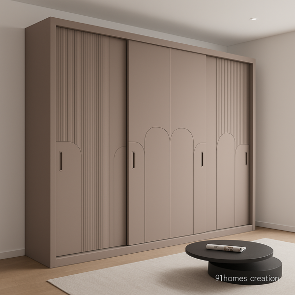 modern built-in wardrobe in taupe with curved panel details