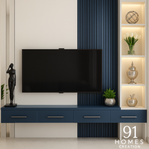 Blue and White TV Console with fluted panel and floating drawers.