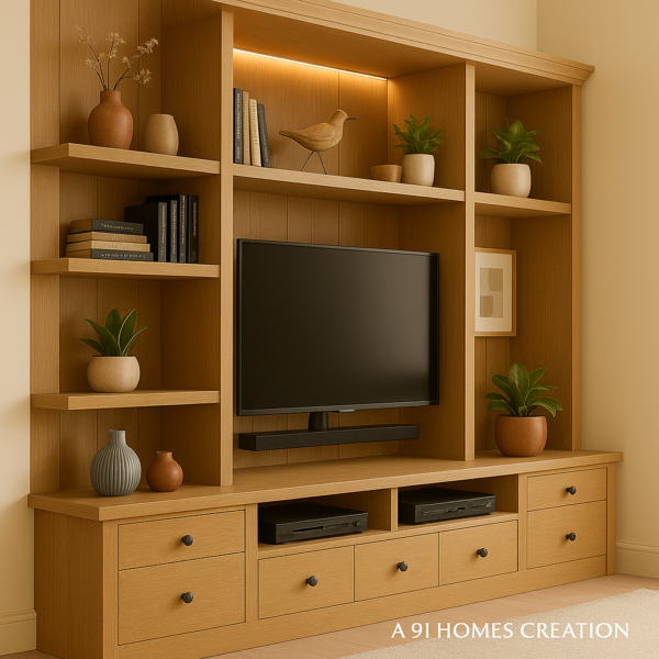 Wall-to-wall Heritage Oak TV Unit with soft lighting and oak grain finish.