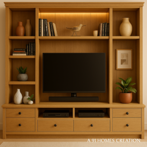 Heritage Oak TV Unit with open bookcase shelves and storage drawers.