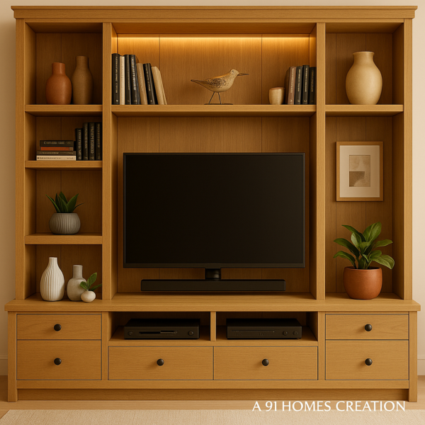 Heritage Oak TV Unit with open bookcase shelves and storage drawers.