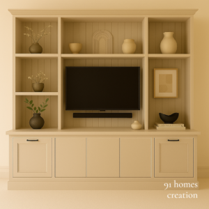Beige Panelled TV Unit with vertical grooves and open shelving.