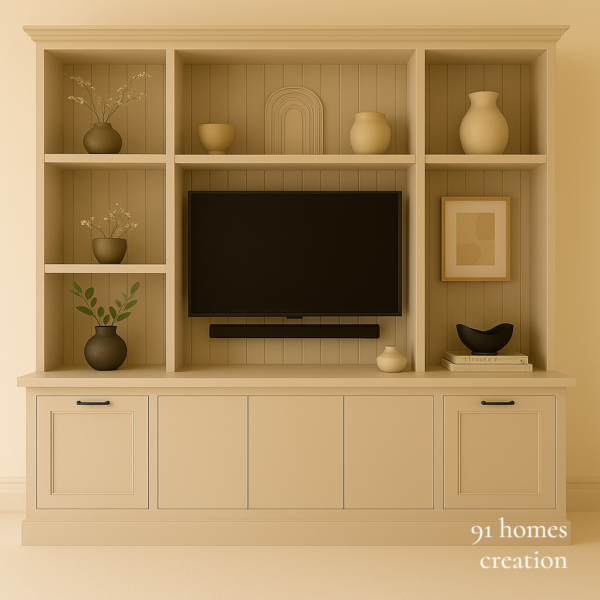 Beige Panelled TV Unit with vertical grooves and open shelving.