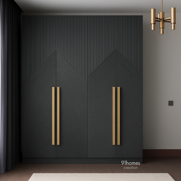 Dark grey chevron wardrobe with brass handles and chevron grooves