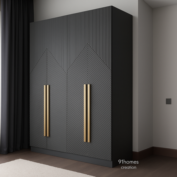Textured matte wardrobe in black finish with vertical and diagonal ridges