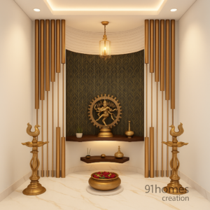 Golden Brass Niche Mandir with Nataraja idol, modern brass and wood corner design, and gold finish elements.