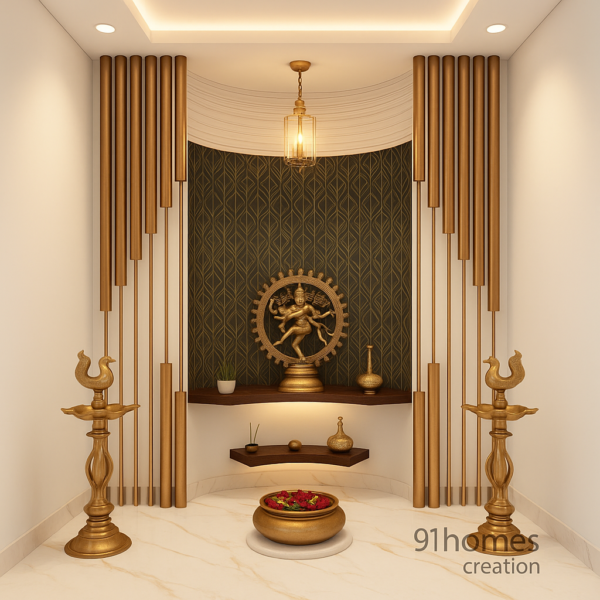 Golden Brass Niche Mandir with Nataraja idol, modern brass and wood corner design, and gold finish elements.