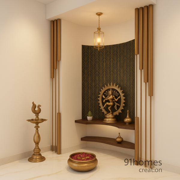 Elegant home temple in semi-circular niche with decorative golden rods and chandelier