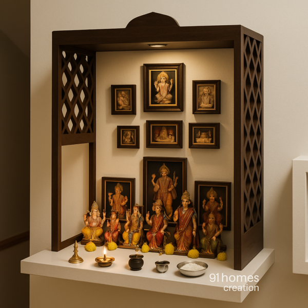 Wooden wall mandir with lattice panels and deity idols on shelf