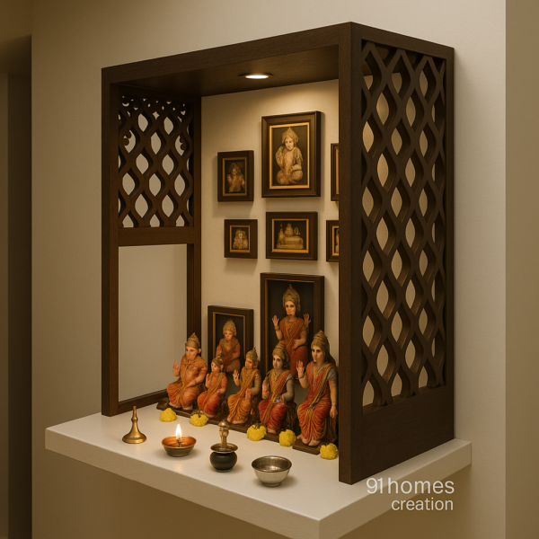 Compact wall-mounted wooden pooja unit with carved jaali design and brass accessories