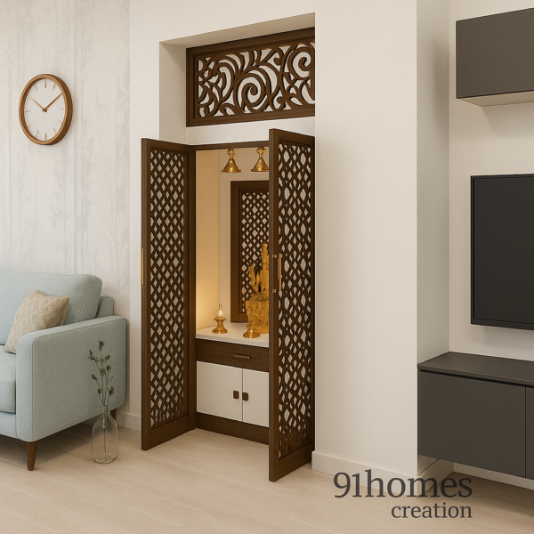 Modern wooden mandir with brass idol and CNC jaali doors