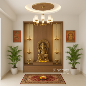 Traditional wall-mounted teak wooden mandir in teak finish with hanging diya lamps and floral decor