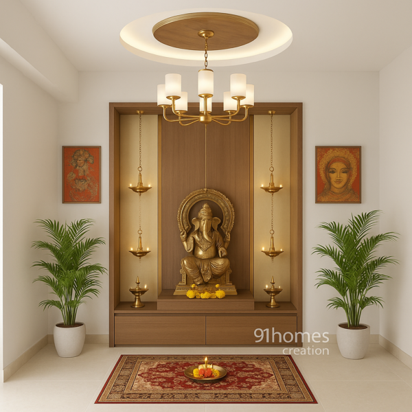 Traditional wall-mounted teak wooden mandir in teak finish with hanging diya lamps and floral decor