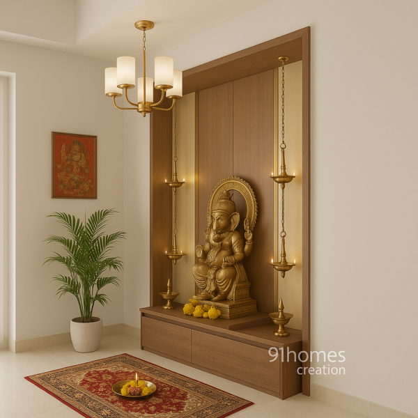 Side view of wooden pooja mandir with brass Ganesha idol and golden oil lamps
