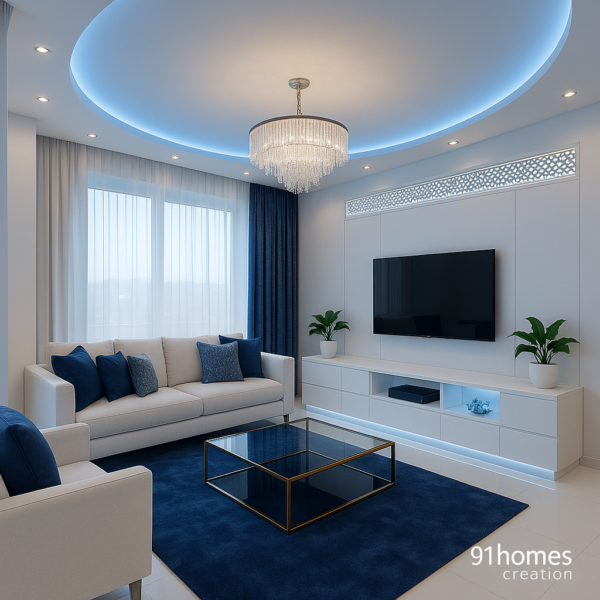 Blue ambient false ceiling with recessed circular LED lighting and chandelier