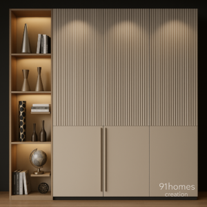 textured Beige wardrobe with open wooden shelves and warm lighting