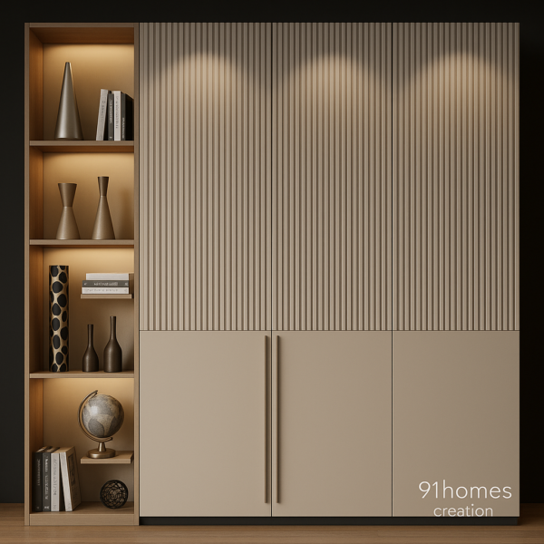 textured Beige wardrobe with open wooden shelves and warm lighting
