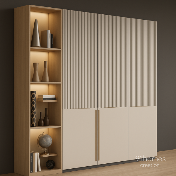 Modern floor-to-ceiling wardrobe with vertical grooves and matte finish