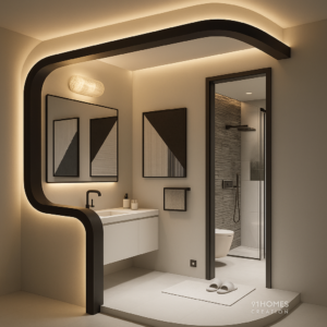 Beige curved ceiling with integrated LED lighting in a modern bathroom.