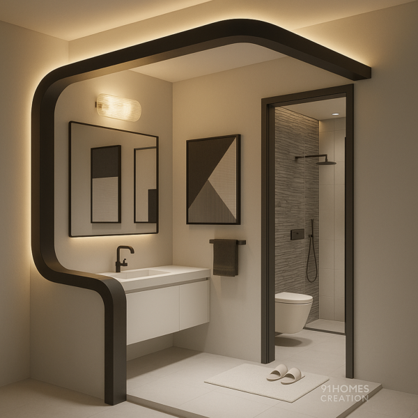 Smooth gypsum false ceiling in beige with soft ambient lighting and rounded edges.
