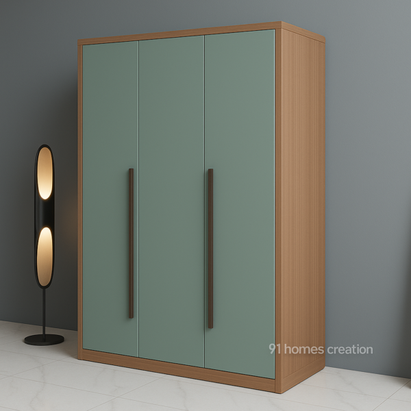 Modern wooden wardrobe with matte green shutters and sleek design