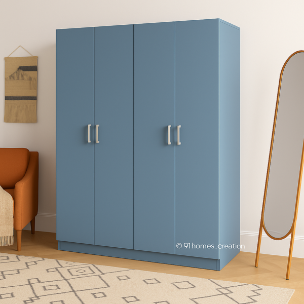 Side view of blue wardrobe with engineered wood body and clean finish
