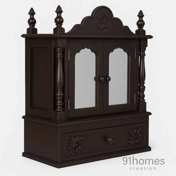 Square teak pooja unit with Om symbol and mirrored double doors