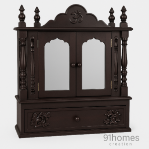 Wooden Mandir with Mirror Doors and floral carved drawer