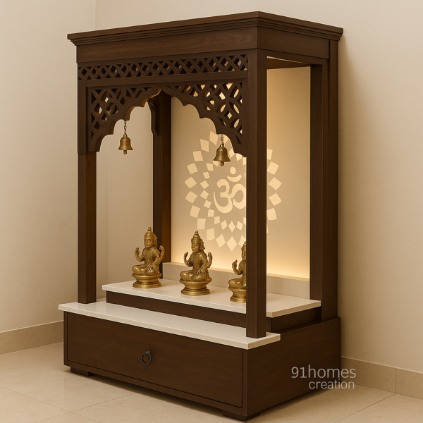 Wooden Mandir with Marble Top and Bells - Image 2